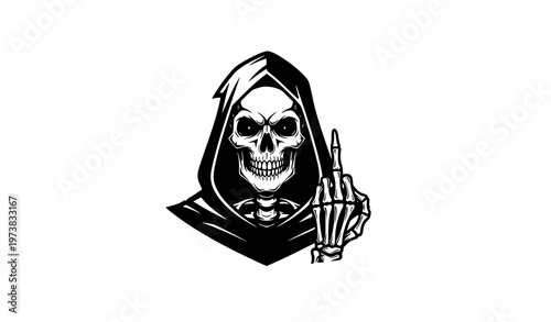 Gothic grim reaper skull rebellious gesture vector graphic isolated on white background