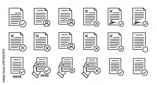 Versatile collection of line icons representing document status, approval, rejection, and user interaction, ideal for digital interfaces and administrative applications