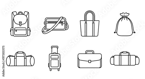 Set of various bags and luggage for travel, sports, and everyday use