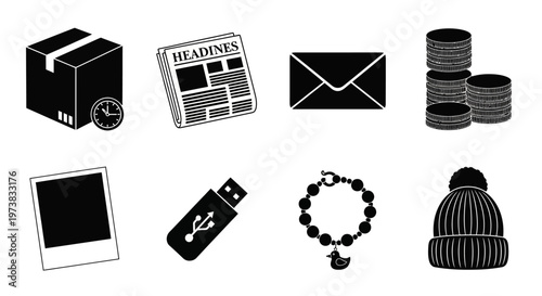 A collage of black and white icons representing various objects package, newspaper, envelope, coins, polaroid photo, USB flash drive, bracelet, and beanie hat