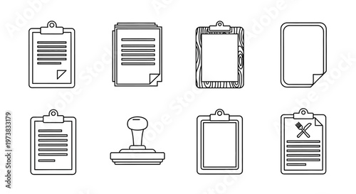 Comprehensive Vector Line Icons Set for Document Management and Office Administration, Featuring Clipboards, Forms, Stamps, and Task Completion Symbols in a Clean Minimalist Style