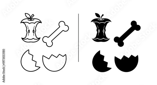 Empty apple core, broken eggshells and a bone - outline and silhouette graphics side-by-side