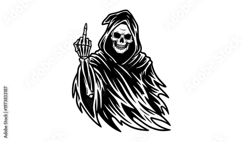 Grim reaper skeleton middle finger gothic skull vector tattoo style illustration isolated on white