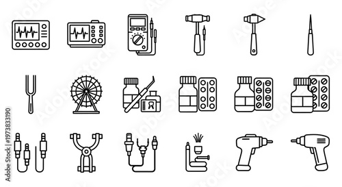 Collection of electronic and medical instruments icons multimeters, tuning forks, drills, hammers, forceps, capsules, and plugs