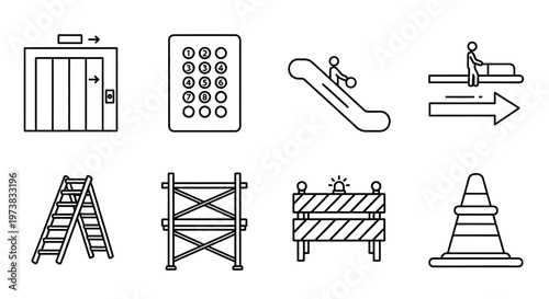 Vector Line Icons Set for Building Accessibility, Construction Zones, and Safety Measures Including Elevators, Escalators, and Barriers