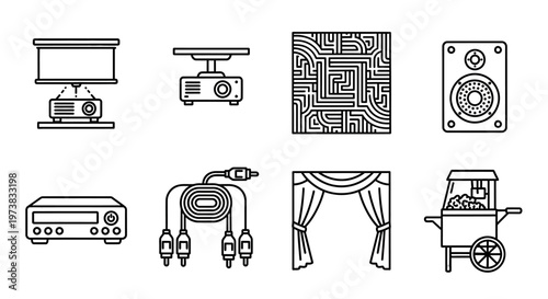 Line Art Collection of Home Entertainment System Icons, featuring Cinema Components and Audio Visual Devices for Movie Nights