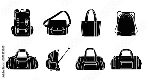 Collection of Various Bags and Luggage Items, Including Backpacks, Duffel Bags, and Suitcases, Presented in a Clean Black and White Icon Style
