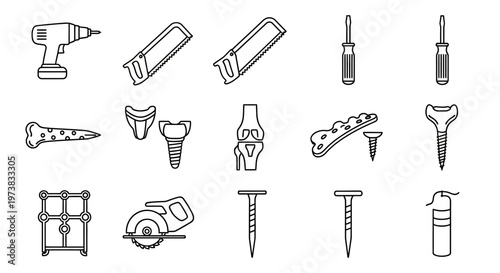 Collection of construction and repair tools, including drills, saws, screwdrivers, and nails for DIY projects