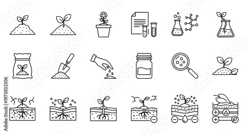 Line icons set of organic farming and agriculture concepts, growth, seedlings, and soil science