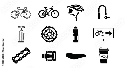 Comprehensive Set of Bicycle Equipment and Accessories Icons for Cycling Enthusiasts, Featuring Gear, Components, and Safety Items
