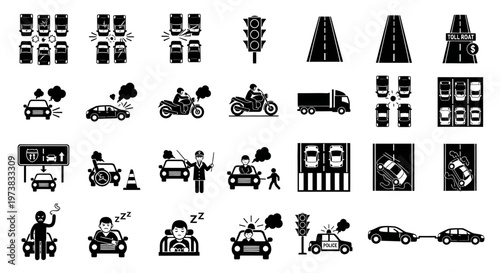 Comprehensive collection of monochrome vector icons illustrating diverse traffic situations, road incidents, vehicle movements, and police activities on urban roads