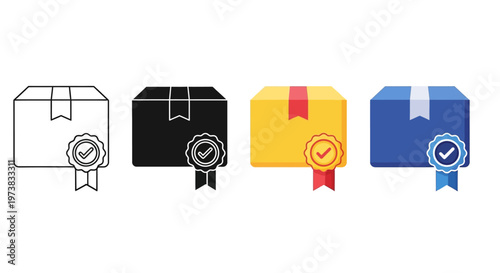 Quality assured product packaging with a verified checkmark and ribbon badge, representing guaranteed and reliable delivery service for customer satisfaction and secure shipping