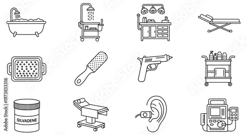 Essential Line Art Icons for Modern Wellness, Healthcare, and Personal Grooming Services, Illustrating Diverse Equipment and Therapeutic Tools