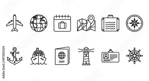 Essential Travel and Navigation Vector Line Icons Collection for Adventure Planning, Vacation Destinations, and Global Exploration Concepts