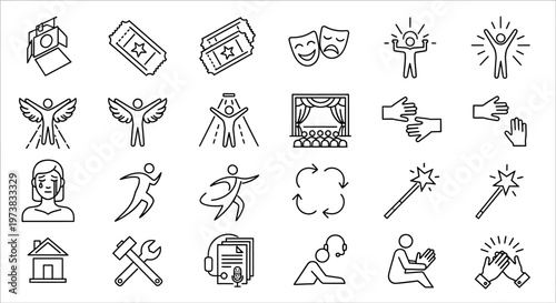 Modern Line Art Vector Icon Collection Depicting Entertainment, Creative Arts, Human Activities, Communication, and Essential Daily Life Concepts