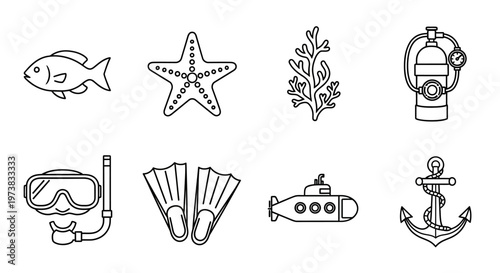 Underwater World Line Art Icons Collection featuring Marine Life, Diving Gear, and Ocean Exploration Elements – Vector Set for Aquatic Themes and Adventure Graphics