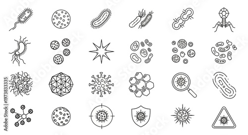 Comprehensive collection of line art icons depicting various microbes, bacteria, and viruses, suitable for scientific, medical, and health-related designs