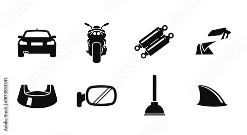 Collection of automotive and household items including a car, motorcycle, shock absorbers, and plunger icons