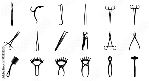 Diverse set of black silhouette surgical and medical instruments, essential tools for healthcare, operations, and scientific illustrations
