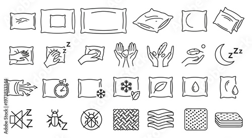 Collection of icons representing different features and benefits of pillows and bedding, including comfort, hygiene, and material properties for a good night's sleep