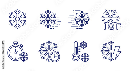 Dynamic collection of sleek line icons representing cold temperatures, rapid freezing, chilling processes, and essential refrigeration elements for modern applications and preservation