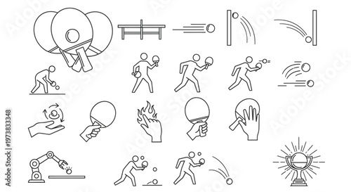 Comprehensive Set of Table Tennis and Ping Pong Outline Icons Capturing Various Player Actions, Equipment, and Dynamic Gameplay Elements