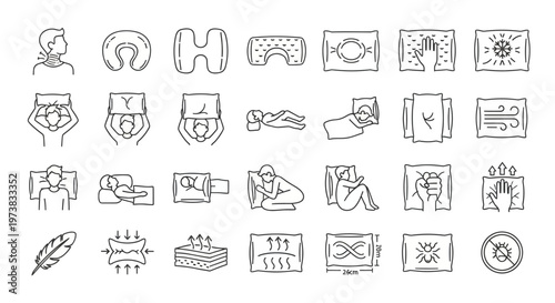 Collection of Icons Representing Sleep Comfort and Pillow Features
