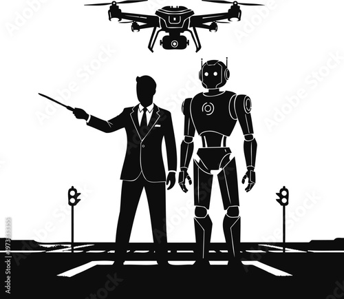 Man and robot with drone over city road, smart traffic vector