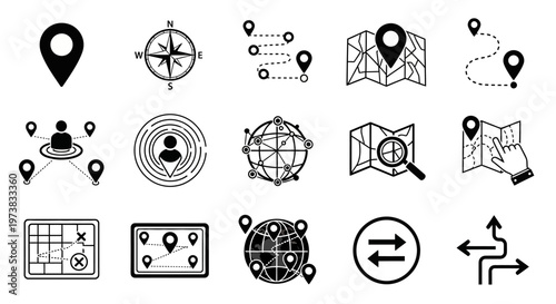 Collection of navigation and location icons including maps, compass, globe, pins, and direction symbols for travel and logistics