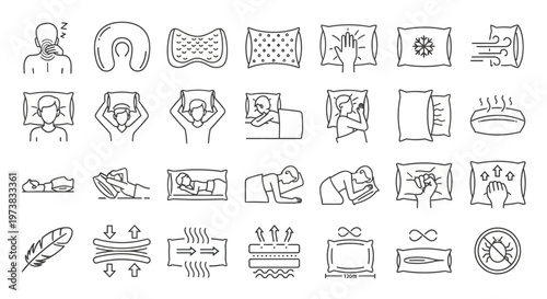 Collection of Line Art Icons Depicting Sleep, Pillow Types, and Associated Comfort Features