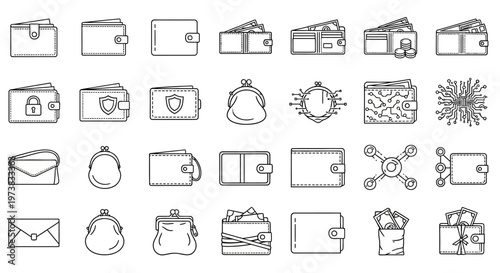 Comprehensive Vector Outline Icons Set for Digital Wallets, Secure Financial Transactions, Online Payments, and Modern Money Management Concepts