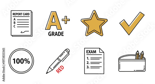 Collection of School and Study Related Icons including Report Card, A+ Grade, Star, Checkmark, 100 Percent, Pen, Exam Paper, and Pencil Case