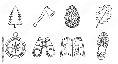 Set of outdoor adventure and exploration icons including a compass, binoculars, map, axe, pine cone, oak leaf, tree, and boot print