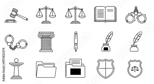 Collection of legal and justice-related icons including gavel, scales of justice, handcuffs, and law books for representing legal proceedings