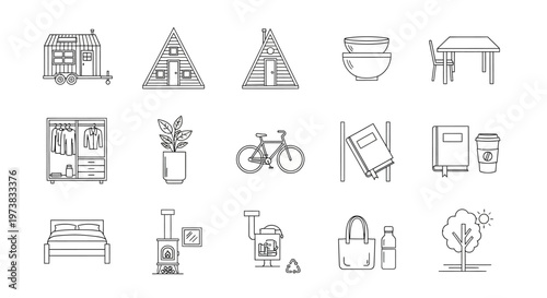 A curated collection of minimalist line icons representing daily essentials for cozy home living, outdoor adventures, and sustainable lifestyle elements