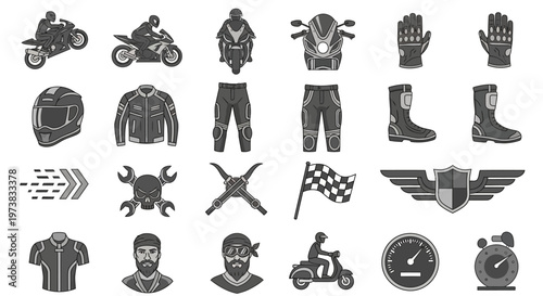Grayscale vector icon collection for motorcycle enthusiasts, showcasing bikes, essential protective gear, tools, and riding lifestyle elements