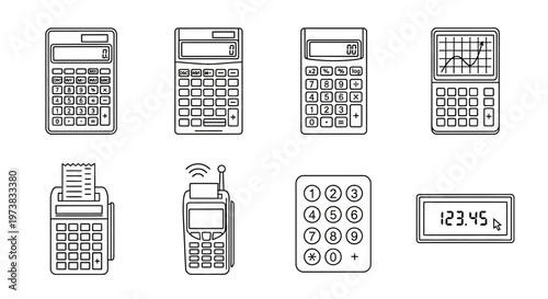 Collection of various electronic calculating devices and payment terminals, including calculators, credit card machines, and digital displays