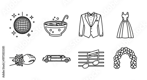 Collection of vector icons representing wedding and party elements including a disco ball, punch bowl, tuxedo, gown, limousine, music notes, and floral arch