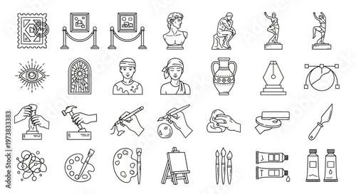 A comprehensive collection of artistic icons depicting creativity, museum artifacts, painting tools, and art appreciation concepts