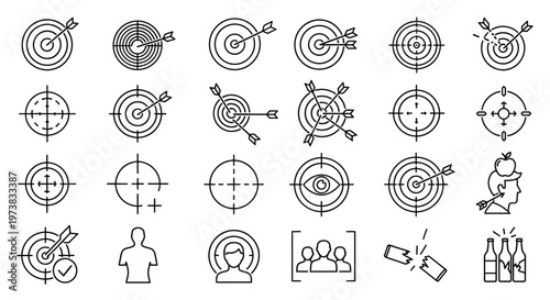 Comprehensive line art icon set illustrating the concept of aiming for success, achieving objectives, and precise targeting in various applications