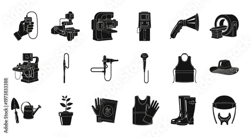Comprehensive collection of black and white vector icons illustrating essential tools, machinery, and equipment for agriculture, gardening, industrial applications, and medical procedures, 