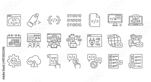A collection of line art icons representing various aspects of software development, coding, and digital technology