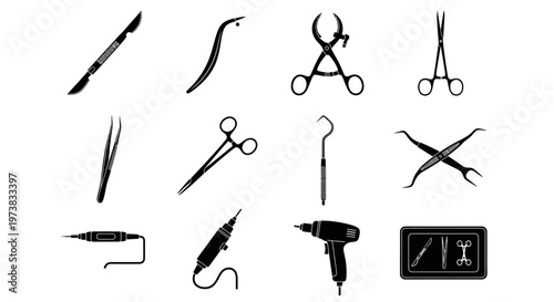 Vector set of diverse black silhouette surgical and medical instruments, illustrating essential tools for intricate healthcare procedures and operational precision