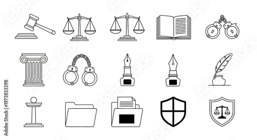 Collection of legal and justice-related icons featuring a gavel, scales of justice, book, binoculars, pillar, handcuffs, ink pen, inkwell, pedestal, folders, shield, and more