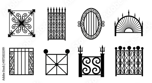 Diverse collection of ornamental wrought iron designs, featuring elegant decorative metal fence patterns and classic gate elements for architectural embellishment