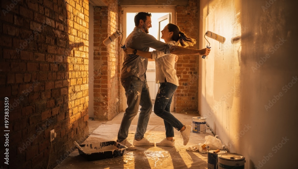 Fototapeta premium Capturing the Joy of Home Renovation: Playful Couple Covered in Paint Embracing in Their New Apartment Radiating Happiness and Partnership While Bringing Their Dream Space to Life.
