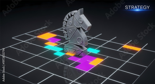 Gray robotic chess knight on colorful grid strategy board with glowing lines and squares its illustration only