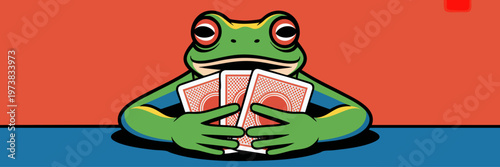 Cartoon frog holding playing cards at table, colorful poker game illustration with bold red background and playful gambling theme