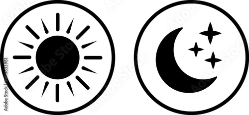 Contrast of celestial symbols representing sun and moon with stars