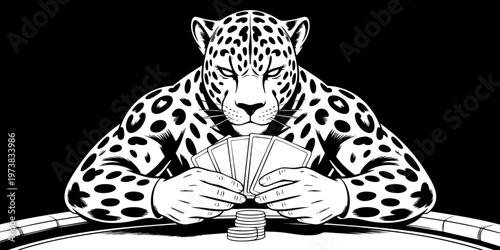 Fierce leopard poker player at casino table holding cards and chips, bold black and transparent vector illustration on dark background